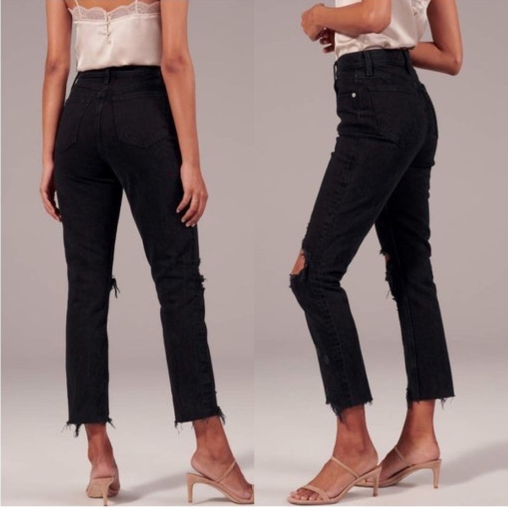 Abercrombie & Fitch Curve Love High Rise Mom Jean Black 29 8 Long Distressed - Picture 2 of 11